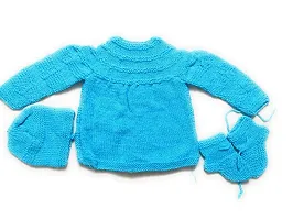 ARUNA KULLU HANDLOOM Newborn Baby's Woollen Knitted Hand Made Frozen Sweater 3 Pieces Suit Set (0-6 Months)-thumb1