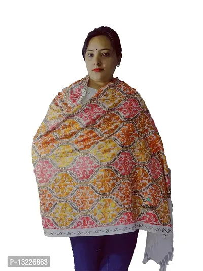 pure woolen handmade kullu stole with beautiful kadai work (white)-thumb2