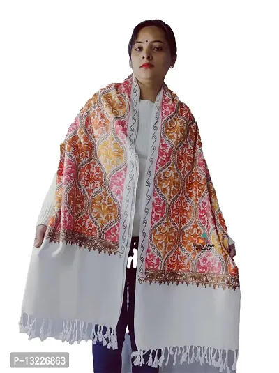 pure woolen handmade kullu stole with beautiful kadai work (white)-thumb3