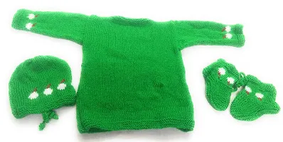 ARUNA KULLU HANDLOOM Hand Made New Born Baby Woolen Knitted Sweater Set (3Pcs Suit) for Kids (Unisex) (GREEN)-thumb1