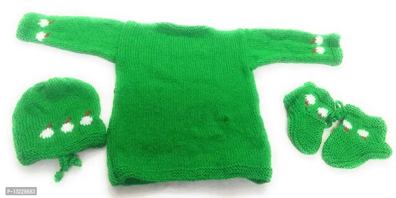 ARUNA KULLU HANDLOOM Hand Made New Born Baby Woolen Knitted Sweater Set (3Pcs Suit) for Kids (Unisex) (GREEN)-thumb2