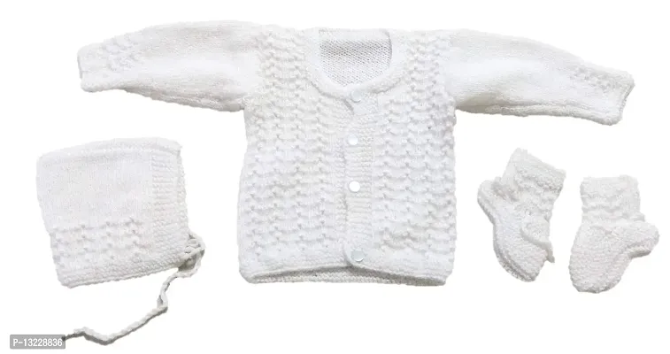Jain Traders Baby Boy's & Baby Girl's Wool Round Neck Sweater Set (142_White_0-3 Months)
