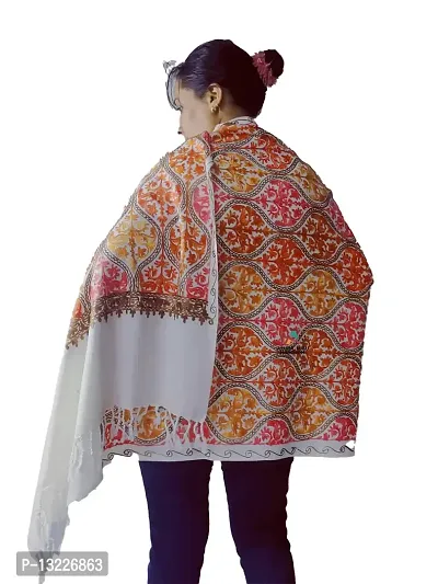 pure woolen handmade kullu stole with beautiful kadai work (white)-thumb4