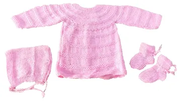 ARUNA KULLU HANDLOOM Hand Made New Born Baby Woolen Knitted Sweater Set (3Pcs Suit) for Kids (Unisex) (PINK)-thumb1