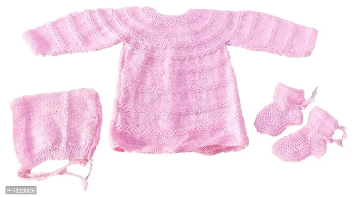 ARUNA KULLU HANDLOOM Hand Made New Born Baby Woolen Knitted Sweater Set (3Pcs Suit) for Kids (Unisex) (PINK)-thumb2