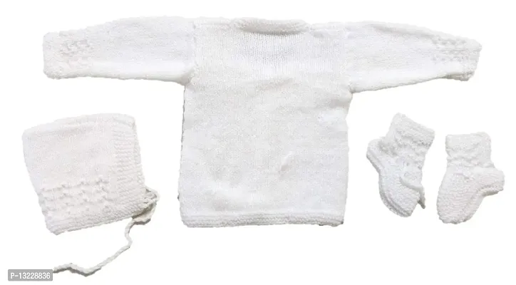Jain Traders Baby Boy's & Baby Girl's Wool Round Neck Sweater Set (142_White_0-3 Months)-thumb2