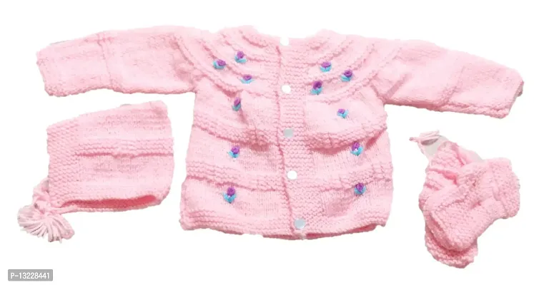 Jain Traders Baby Boy's & Baby Girl's Wool Round Neck Sweater Set (142_Pink_0-3 Months)-thumb0