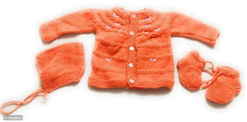 ARUNA KULLU HANDLOOM Hand Made New Born Baby Woolen Knitted Sweater Set (3Pcs Suit) for Kids BABIES (Unisex) (ORANGE)-thumb0