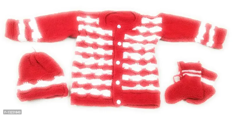 ARUNA KULLU HANDLOOM Hand Made New Born Baby Woolen Knitted Sweater Set (3Pcs Suit) for Kids (Unisex) (RED)-thumb0
