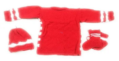 ARUNA KULLU HANDLOOM Hand Made New Born Baby Woolen Knitted Sweater Set (3Pcs Suit) for Kids (Unisex) (RED)-thumb1