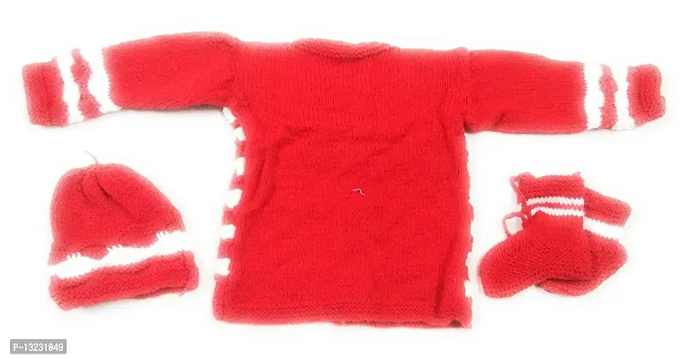 ARUNA KULLU HANDLOOM Hand Made New Born Baby Woolen Knitted Sweater Set (3Pcs Suit) for Kids (Unisex) (RED)-thumb2