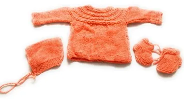 ARUNA KULLU HANDLOOM Hand Made New Born Baby Woolen Knitted Sweater Set (3Pcs Suit) for Kids BABIES (Unisex) (ORANGE)-thumb1
