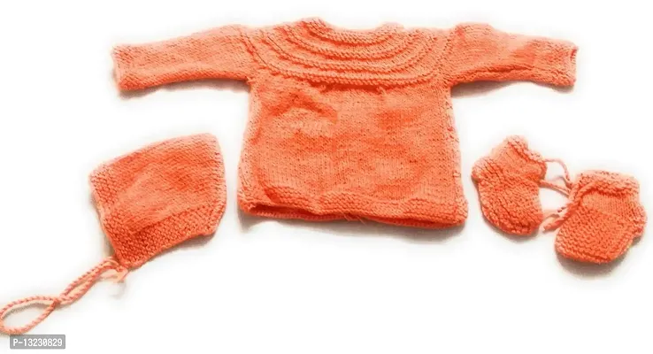 ARUNA KULLU HANDLOOM Hand Made New Born Baby Woolen Knitted Sweater Set (3Pcs Suit) for Kids BABIES (Unisex) (ORANGE)-thumb2
