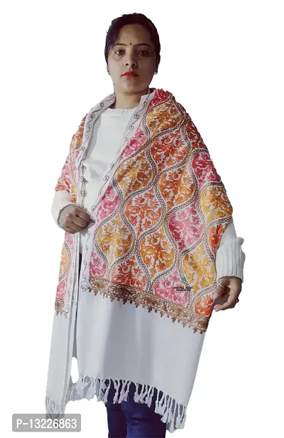 pure woolen handmade kullu stole with beautiful kadai work (white)-thumb0