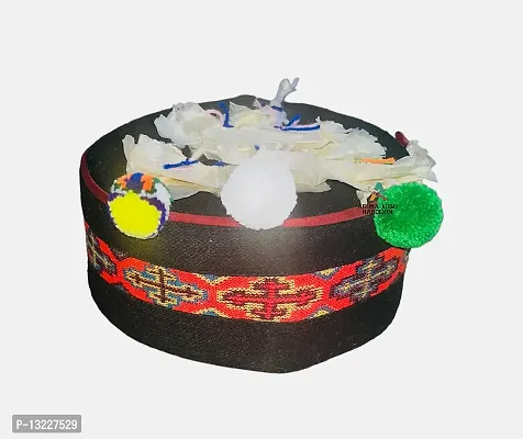 Traditional KULLU Cap with Flowers ON TOP (Black Cap RED Strip, Free Size 7)