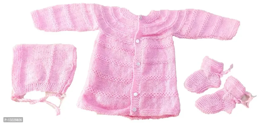 ARUNA KULLU HANDLOOM Hand Made New Born Baby Woolen Knitted Sweater Set (3Pcs Suit) for Kids (Unisex) (PINK)-thumb0