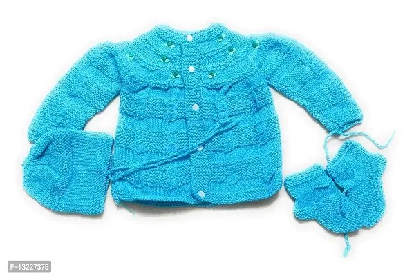 ARUNA KULLU HANDLOOM Newborn Baby's Woollen Knitted Hand Made Frozen Sweater 3 Pieces Suit Set (0-6 Months)-thumb0