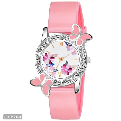 Pink Dual Flower White Dial Pink PU Strap Watch For Girl