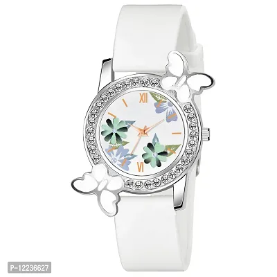 Green Dual Flower White Dial White PU Strap Watch For Girl