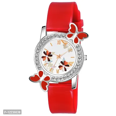 Red Dual Flower White Dial Red PU Strap Watch For Girl