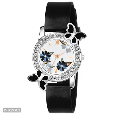 Black Dual Flower White Dial Black PU Strap Watch For Girl