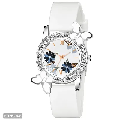 Black Dual Flower White Dial White PU Strap Watch For Girl
