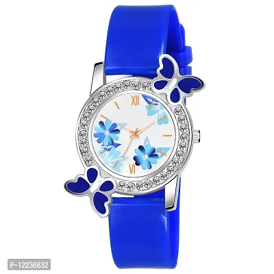 Blue Dual Flower White Dial Blue PU Strap Watch For Girl