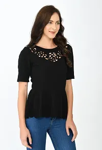 Casual Laser Cut, Woven, Solid, Self Design Women Black Top-thumb2