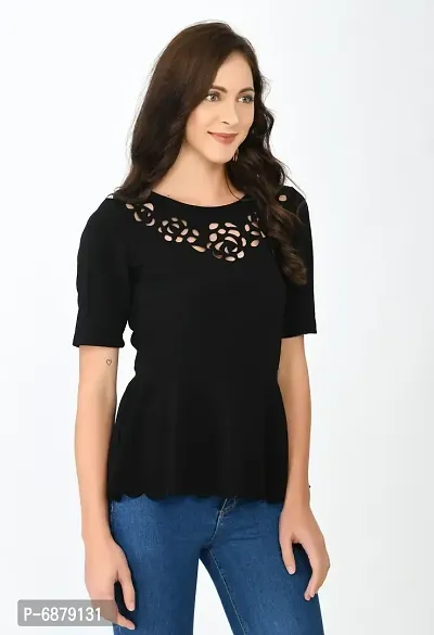 Casual Laser Cut, Woven, Solid, Self Design Women Black Top-thumb3