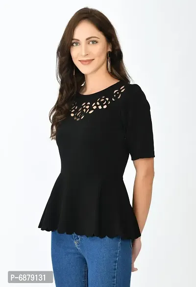 Casual Laser Cut, Woven, Solid, Self Design Women Black Top-thumb0