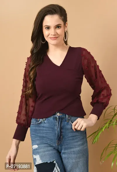 Elegant Maroon Cotton Blend Solid Top For Women