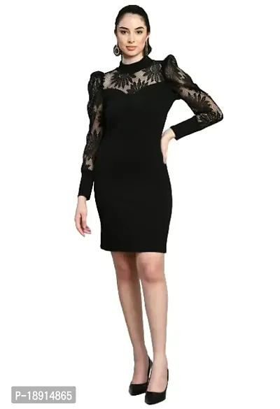 Women Casual Net Sleeve Black Dress-thumb0
