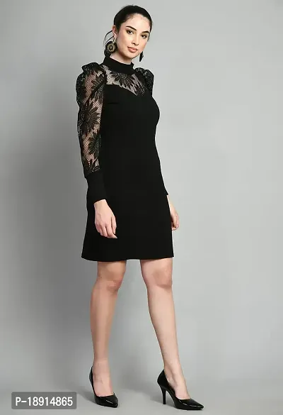 Women Casual Net Sleeve Black Dress-thumb4