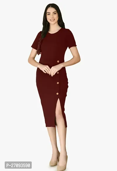 Stylish Maroon Cotton Blend Solid Dress For Women-thumb0