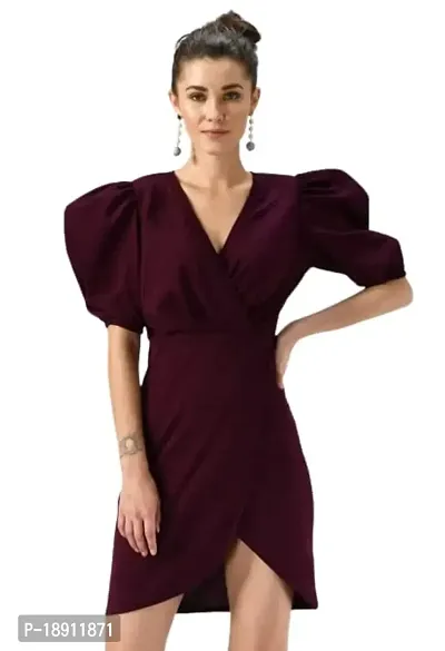 SFOTY Women's Puff Sleeve V-Neck Bodycon Casual Mini Dress