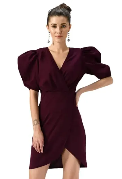 SFOTY Women's Puff Sleeve V-Neck Bodycon Casual Mini Dress