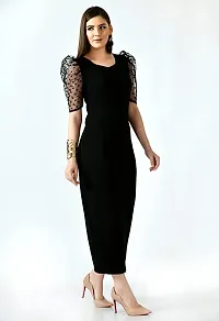 SFOTY Women's Puff Sleeve V Neck Bodycon Casual Midi Dress Black-thumb3