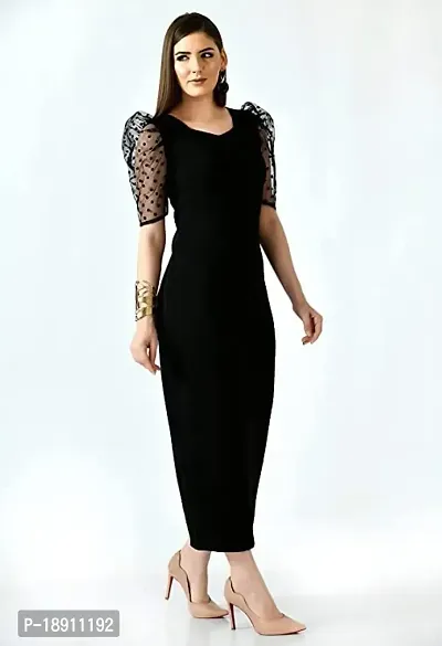SFOTY Women's Puff Sleeve V Neck Bodycon Casual Midi Dress Black-thumb4