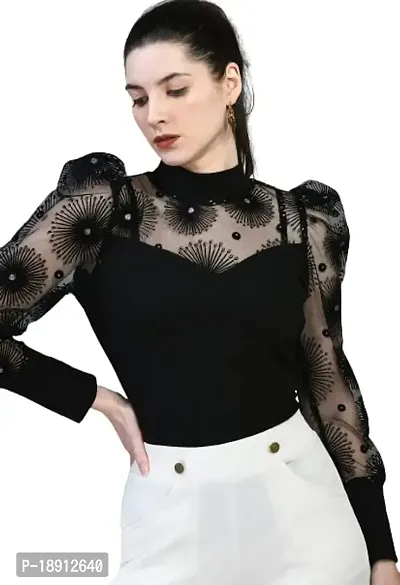 Women Solid Net Yoke Highneck Full Sleeve Slim Fit Top