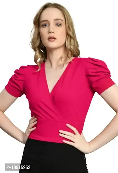 Women Casual V Neck Puff Sleeve Top