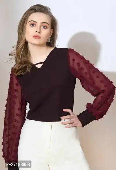 Elegant Maroon Cotton Blend Solid Top For Women