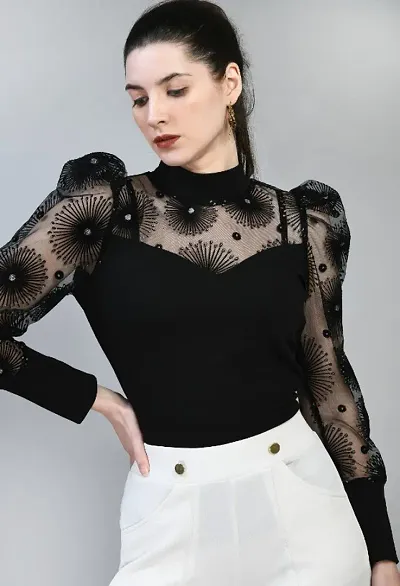 High Neck Net Sleeve Tops For Women