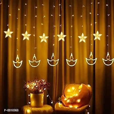 New Decorative Diya Deepak Star Curtain LED Lights for Diwali Christmas Wedding - 2.5 Meter (1 Curtain) 138 LED, (6+6 Star  Deepak) (Warm White)-thumb0
