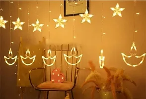 New Decorative Diya Deepak Star Curtain LED Lights for Diwali Christmas Wedding - 2.5 Meter (1 Curtain) 138 LED, (6+6 Star  Deepak) (Warm White)-thumb1