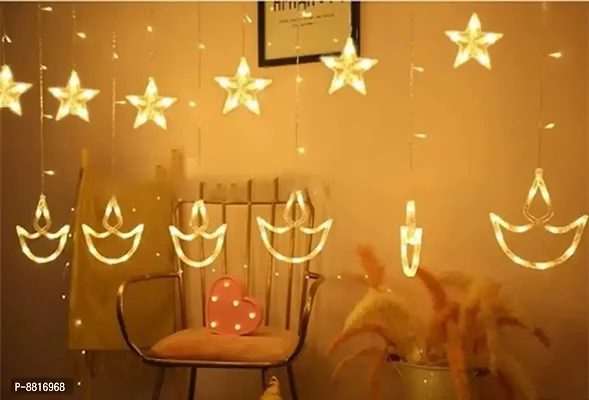 New Decorative Diya Deepak Star Curtain LED Lights for Diwali Christmas Wedding - 2.5 Meter (1 Curtain) 138 LED, (6+6 Star  Deepak) (Warm White)-thumb2