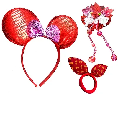 Proplady Disney Gift Combo (Set of 3) Shimmery Mickey Mouse Hair Band, Hair Clip & Hair Tie for Baby Girls, Girls & Women|Latest Hair