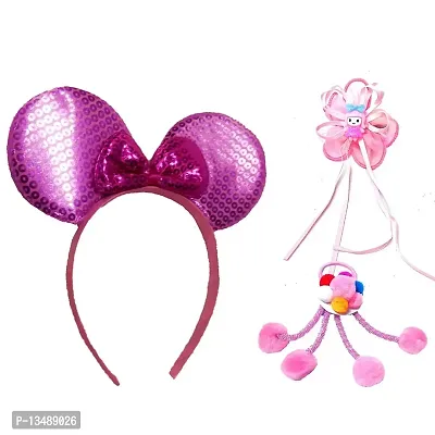 Disney Gift Combo (Set of 3) Shimmery Mickey Mouse Hair Band, Hair Clip & Hair Tie for Baby Girls, Girls & Women|Latest Hair