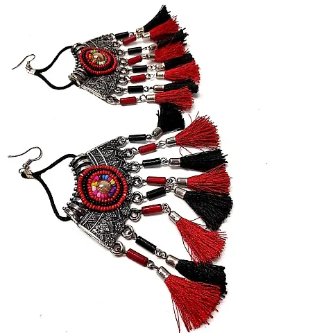 Proplady Tribal Collection Designer German Tassels Earrings|Antique Afghani Bohemian Earring Set Pearl German Silver, Dori, Terracotta Tassel Earring