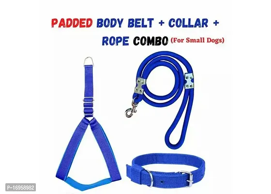 Combo Of 3 Pack Blue Dog Padded Harness  Collar  Rope Set 0.75Nch Small,Waterproof, Rope Size 1.5M-2M,Not For Puppies