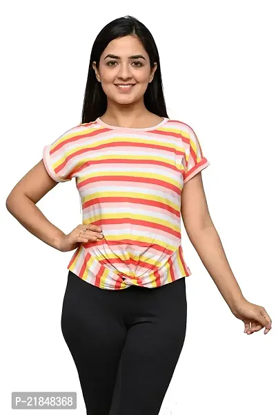 Women's Plain t Shirt Casual Strip Printed Round Neck (Rainbow)
